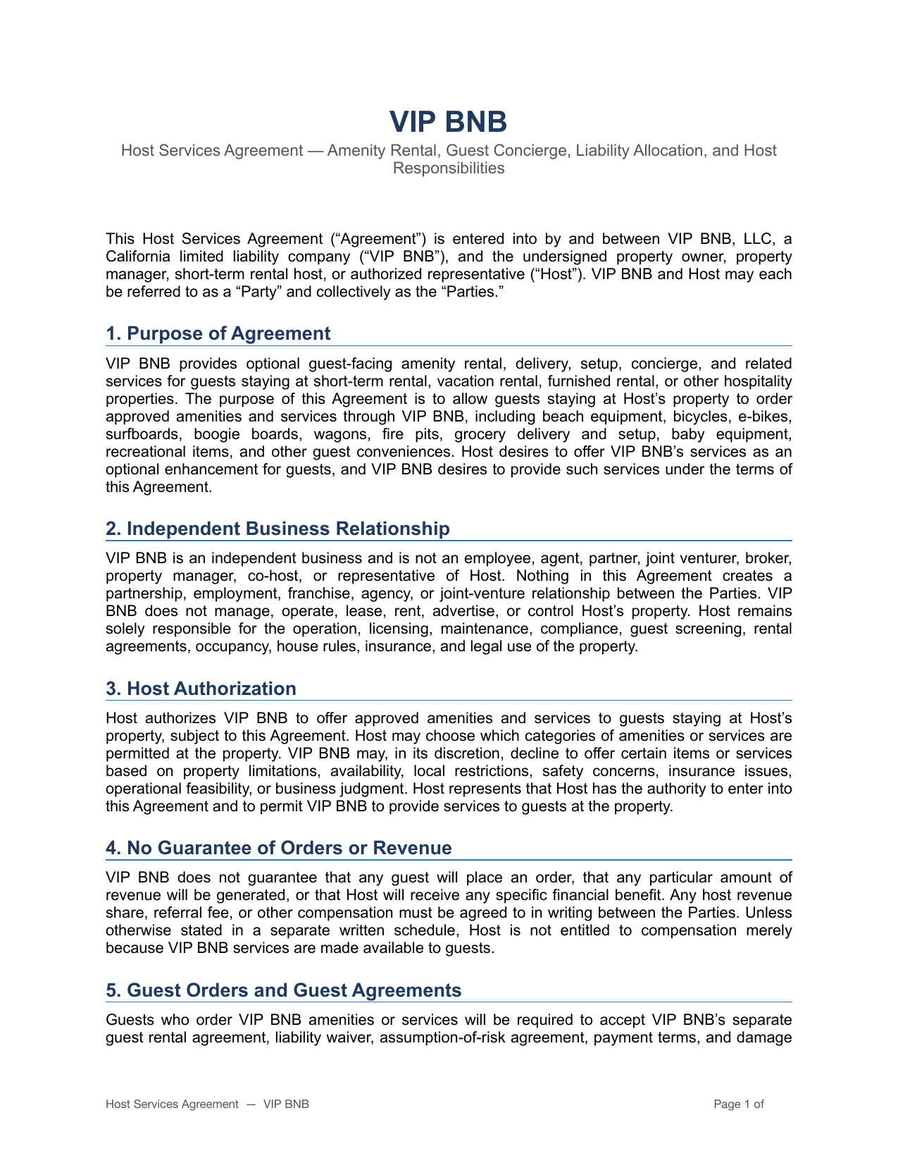 VIP BNB host terms and partner agreement page 1
