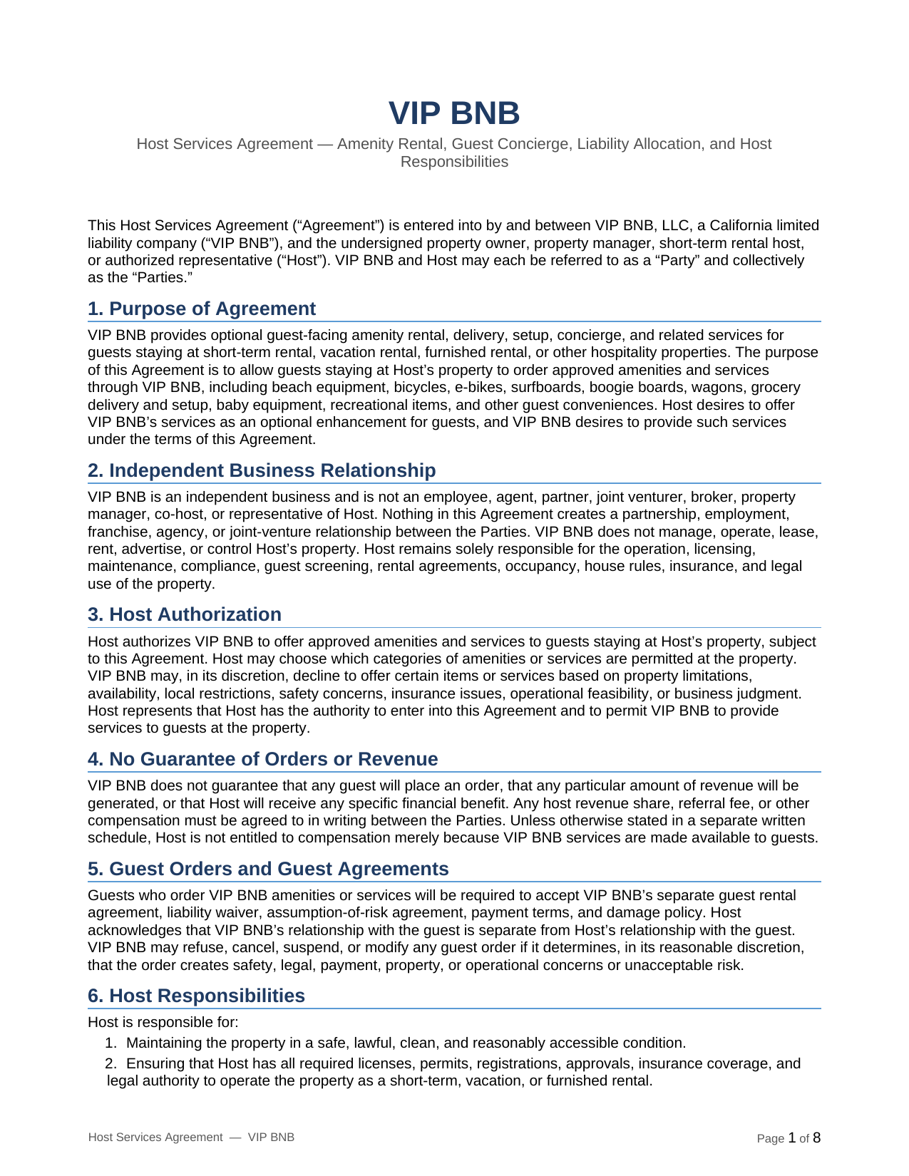 VIP BNB host terms and partner agreement page 1