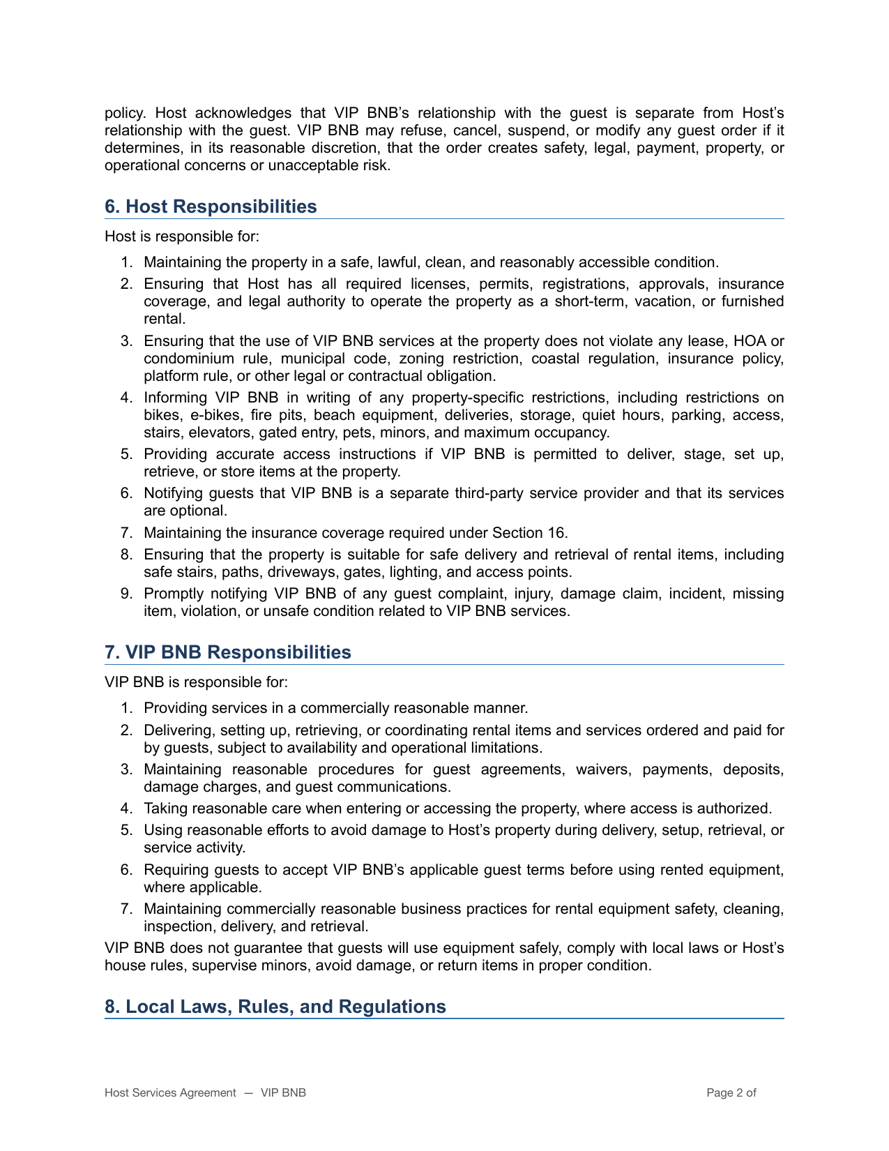 VIP BNB host terms and partner agreement page 2
