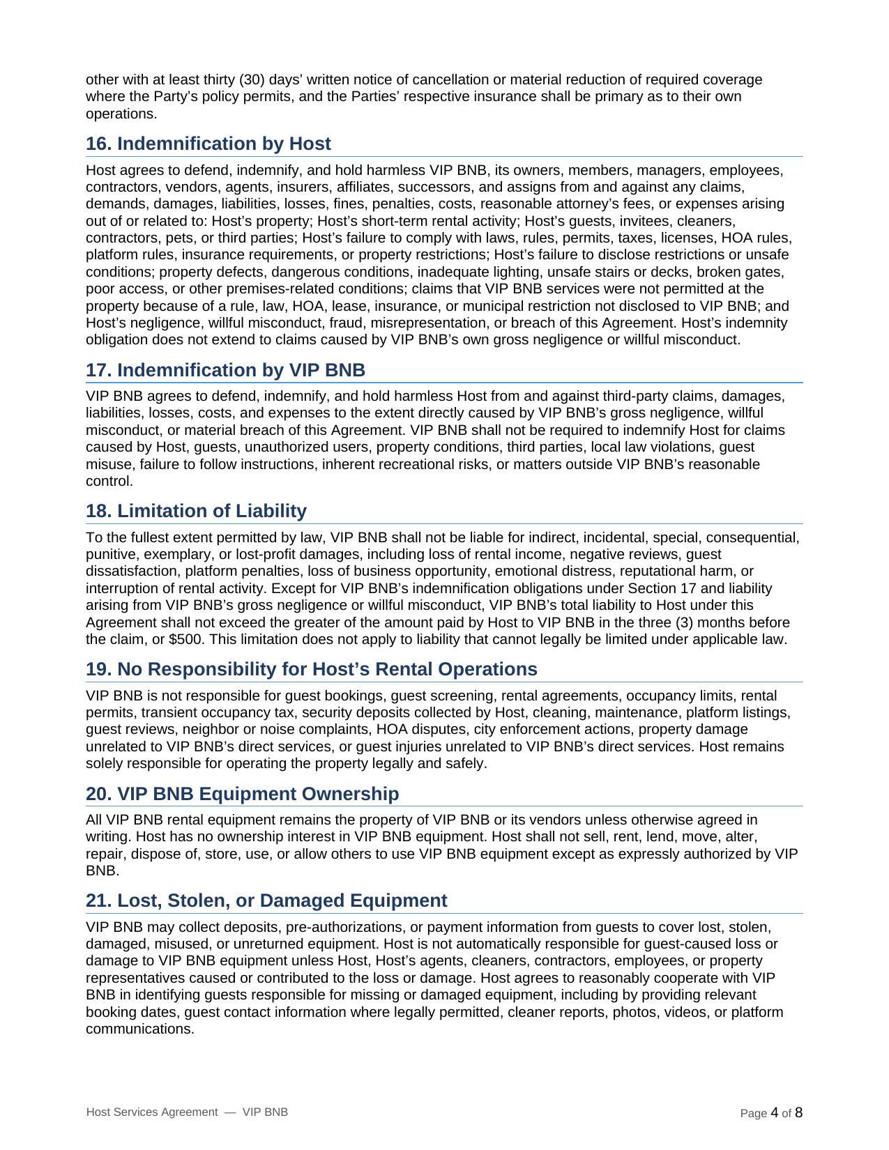 VIP BNB host terms and partner agreement page 4