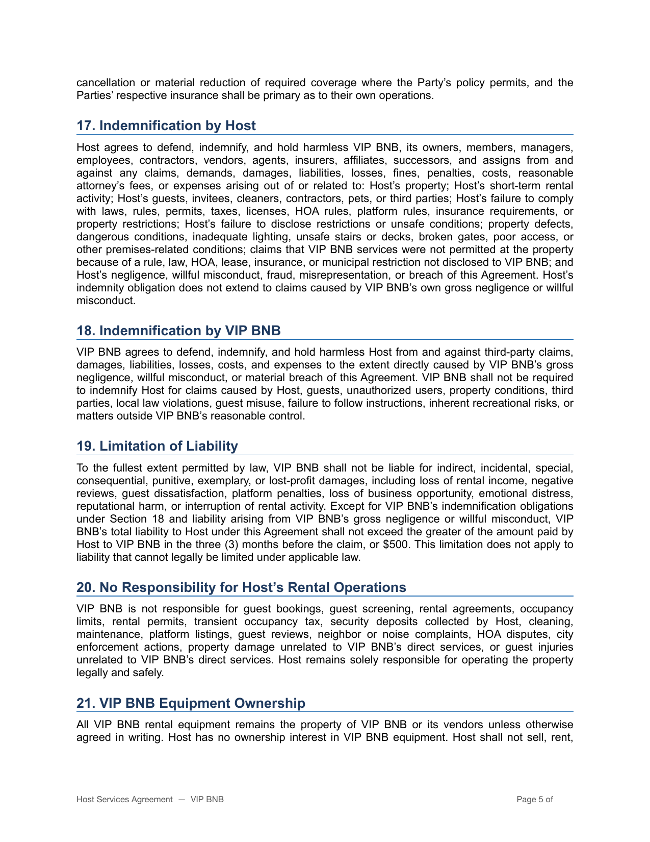 VIP BNB host terms and partner agreement page 5