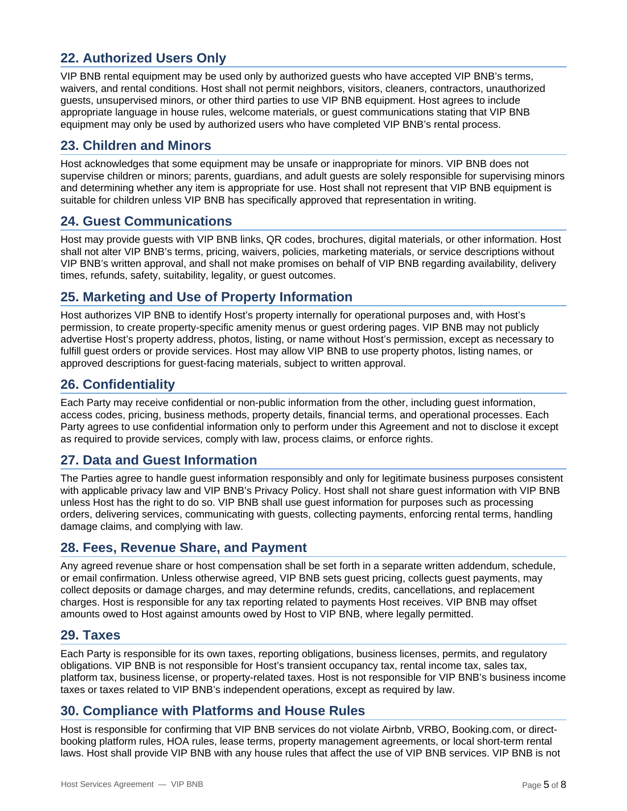 VIP BNB host terms and partner agreement page 5