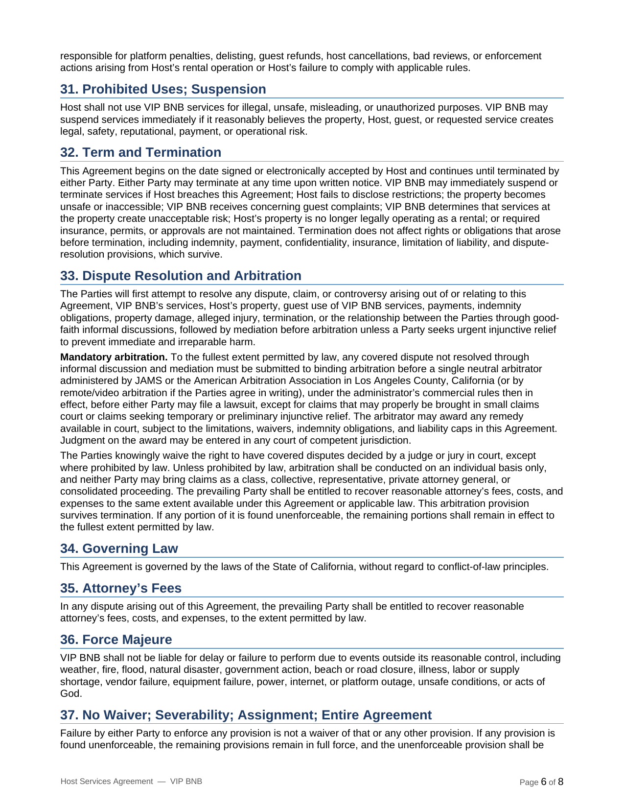 VIP BNB host terms and partner agreement page 6