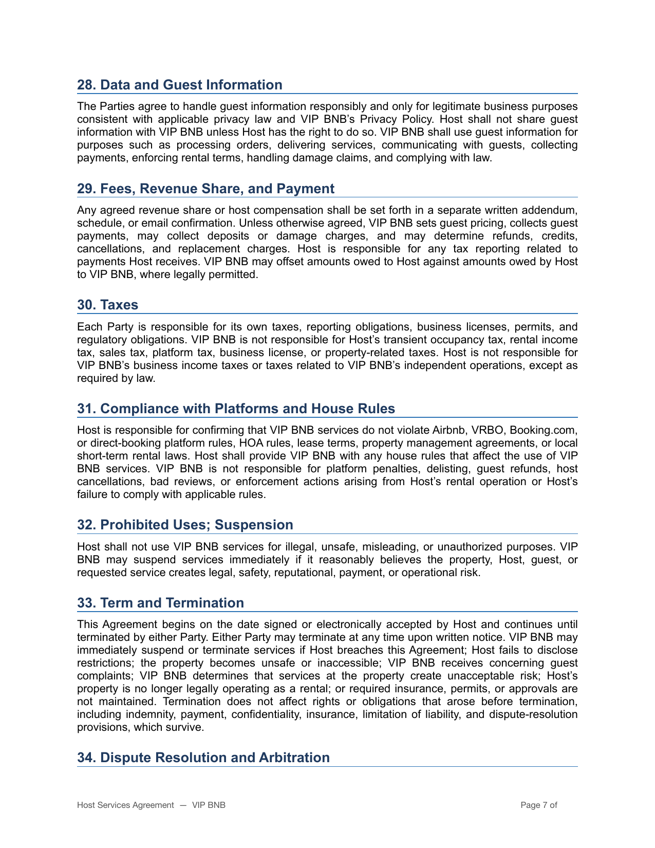 VIP BNB host terms and partner agreement page 7