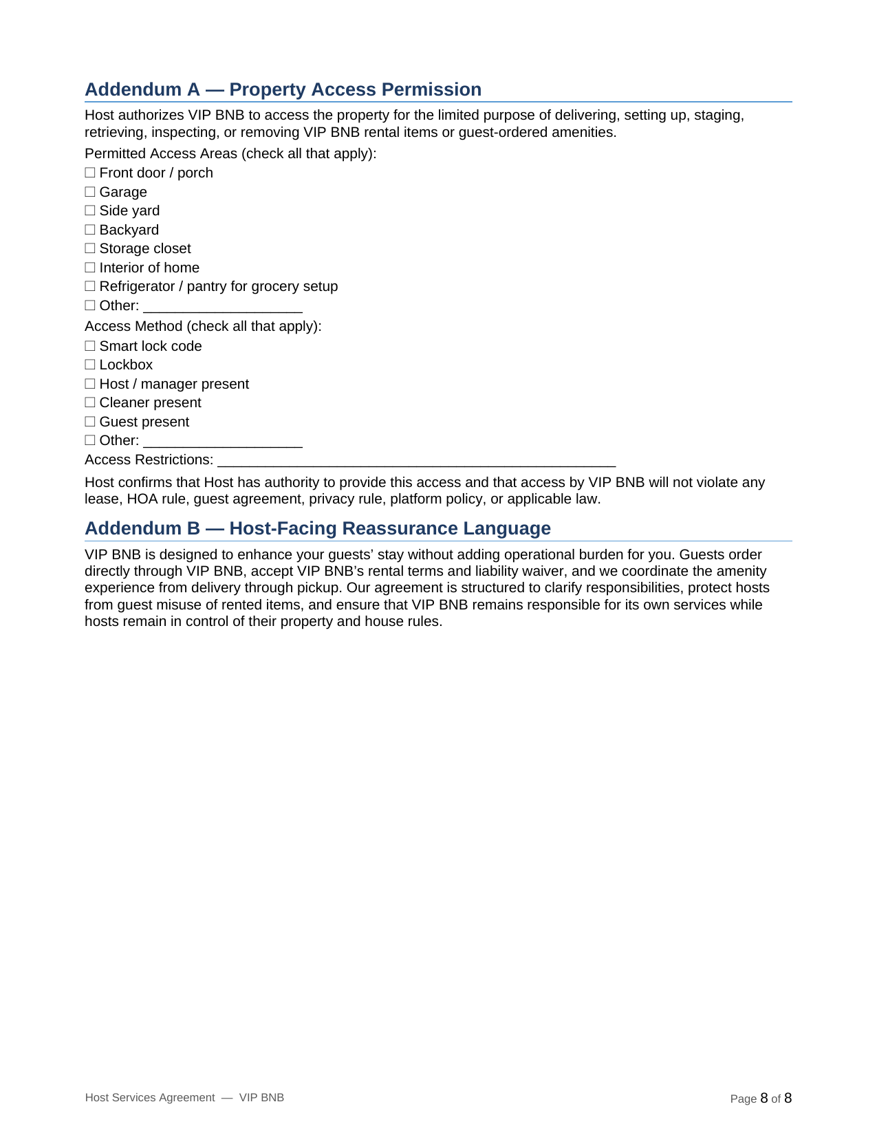 VIP BNB host terms and partner agreement page 8