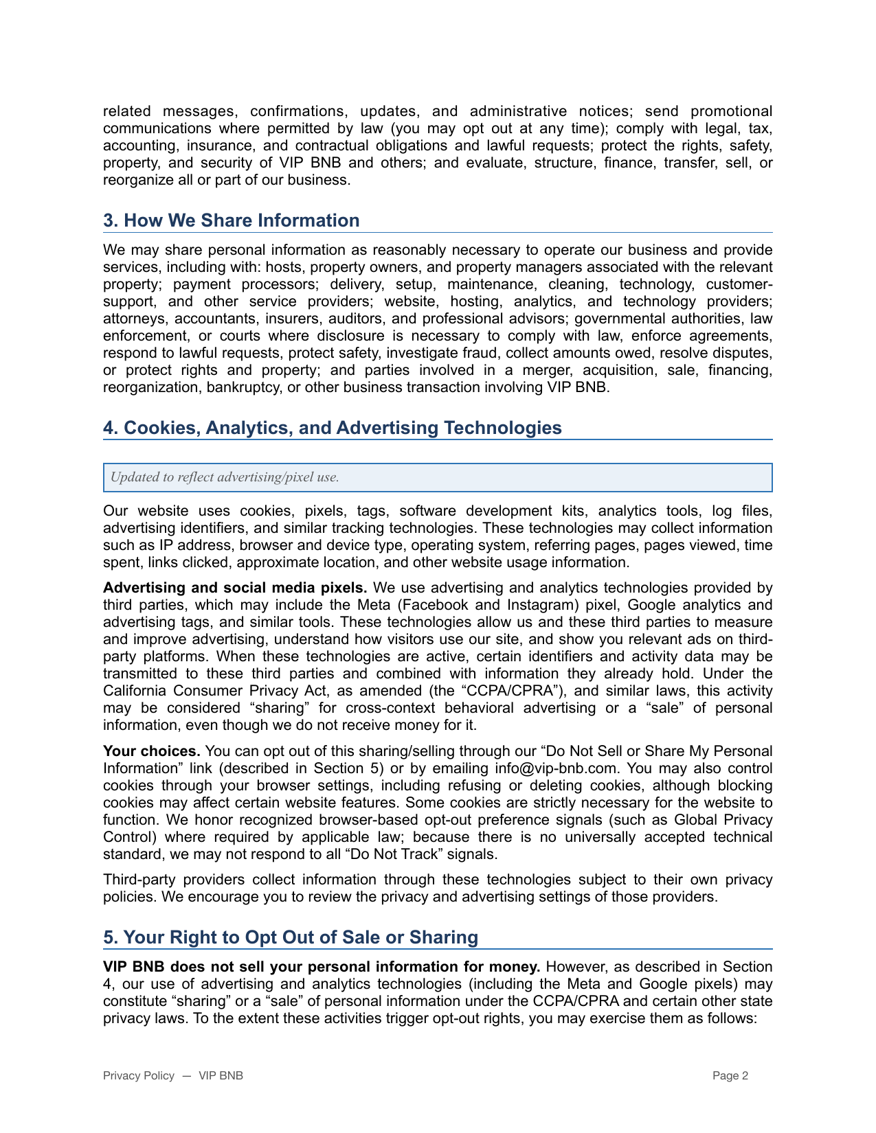 VIP BNB privacy policy page 2