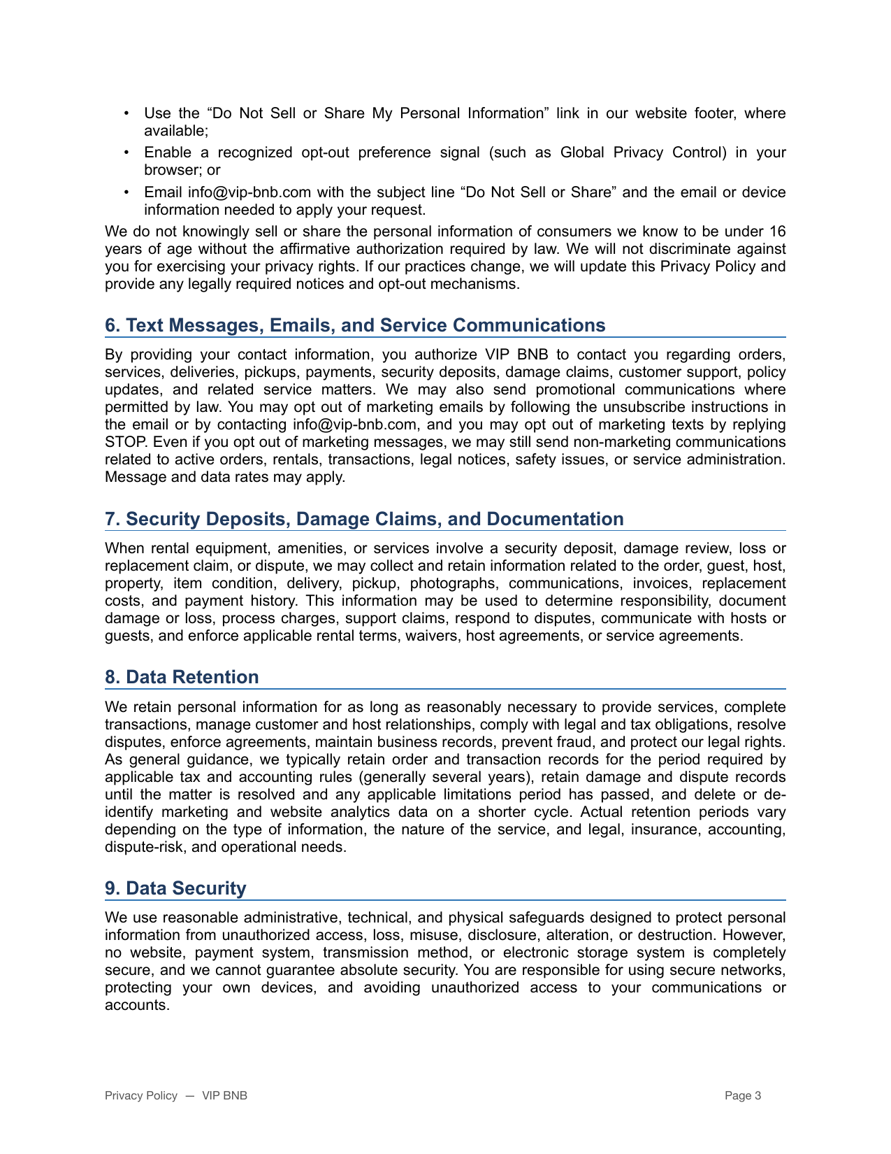 VIP BNB privacy policy page 3