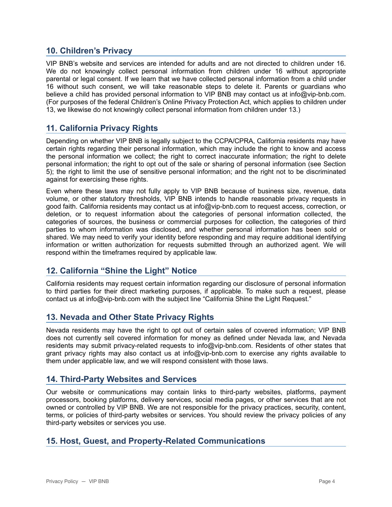 VIP BNB privacy policy page 4