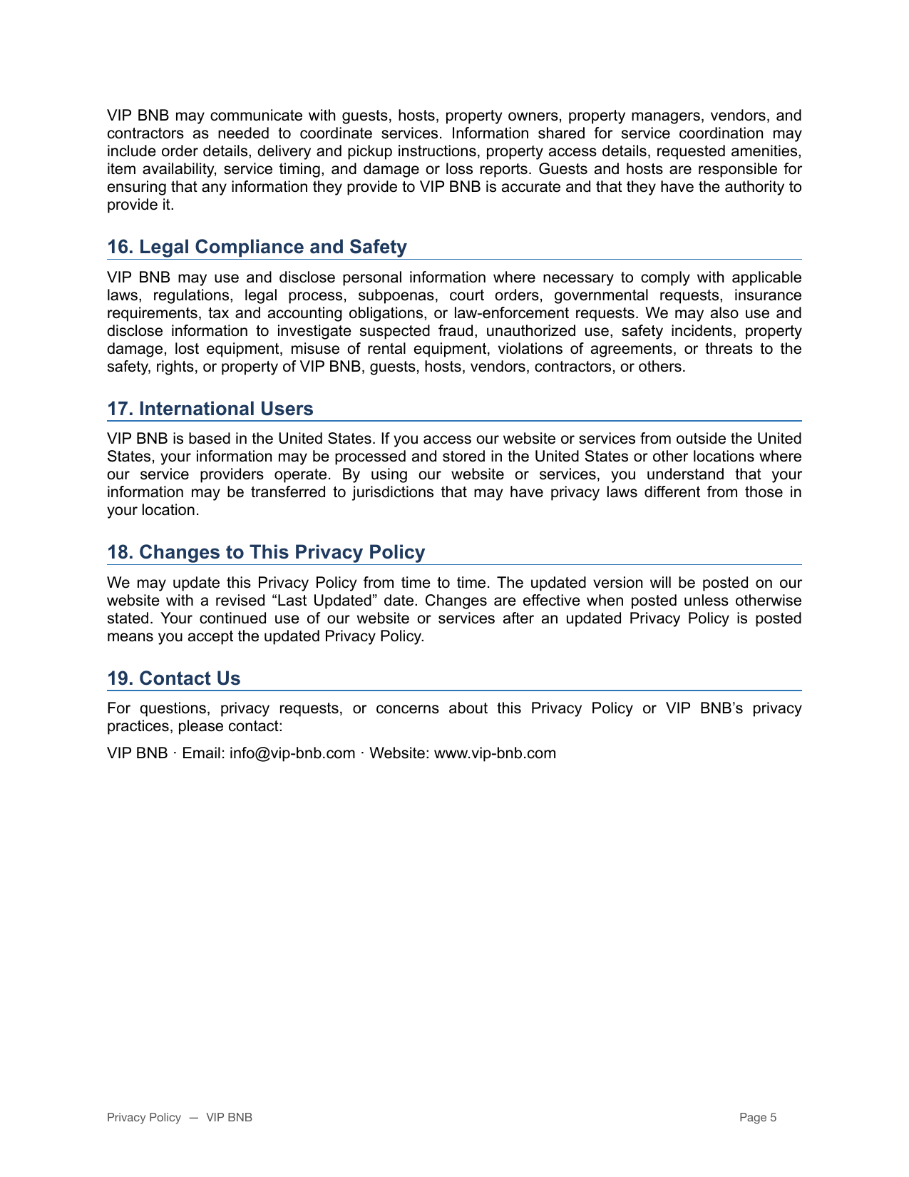 VIP BNB privacy policy page 5