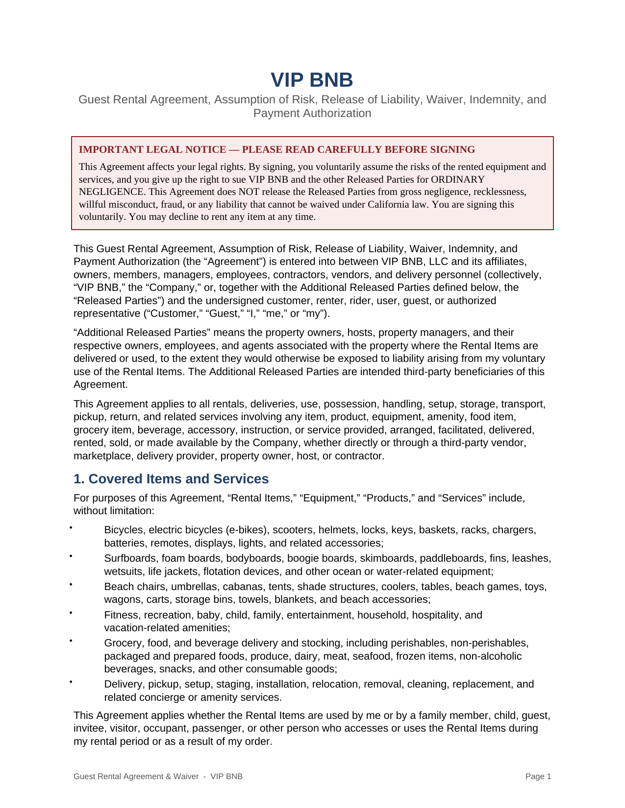 VIP BNB rental agreement and liability waiver page 1