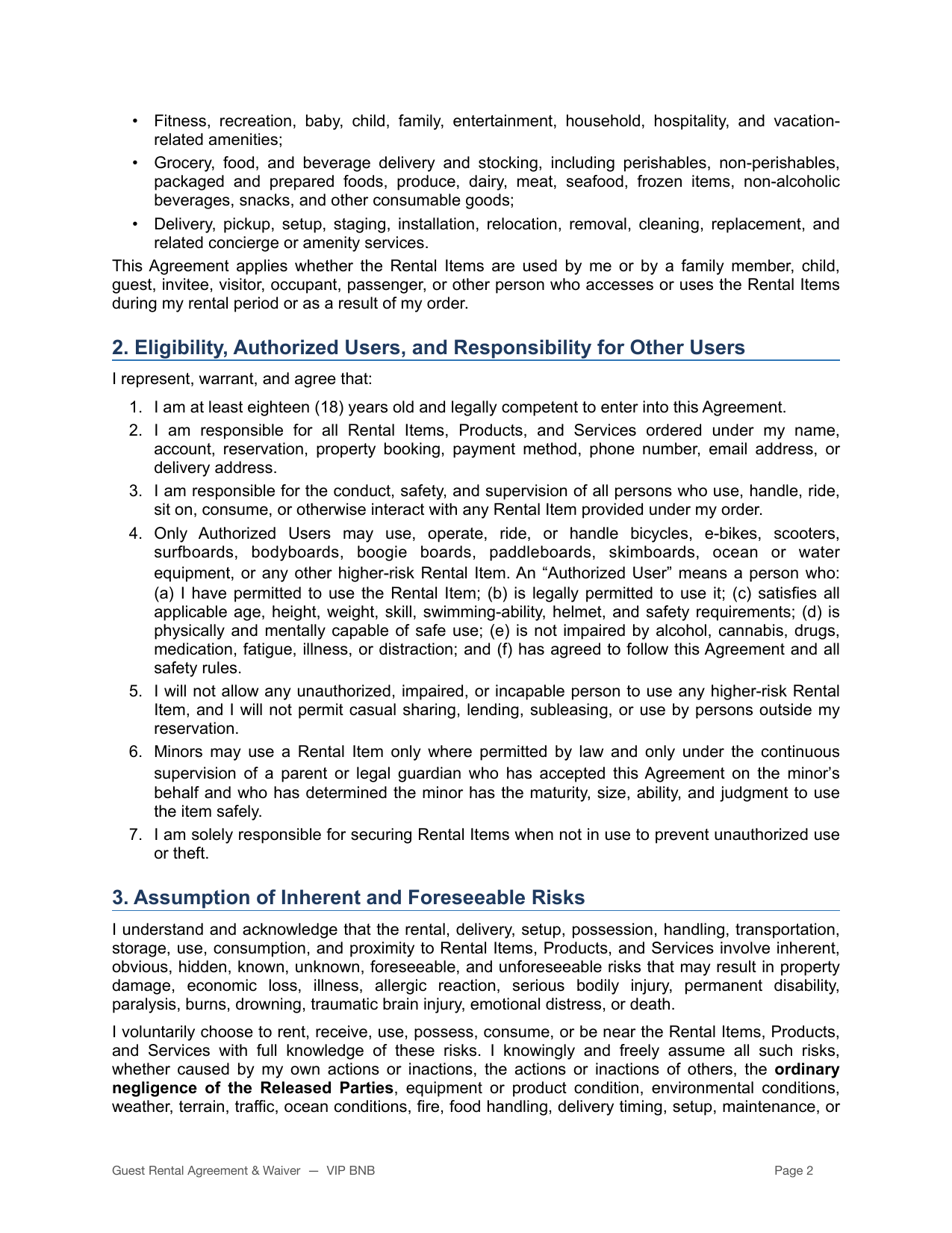 VIP BNB rental agreement and liability waiver page 2