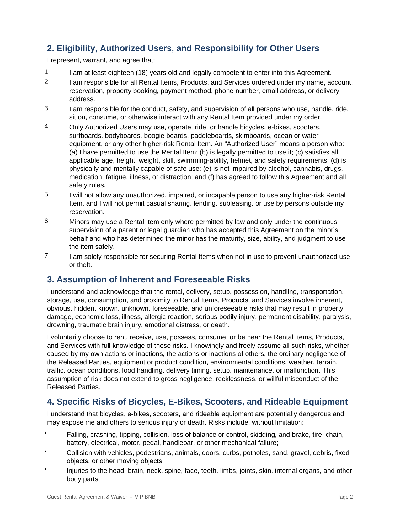 VIP BNB rental agreement and liability waiver page 2