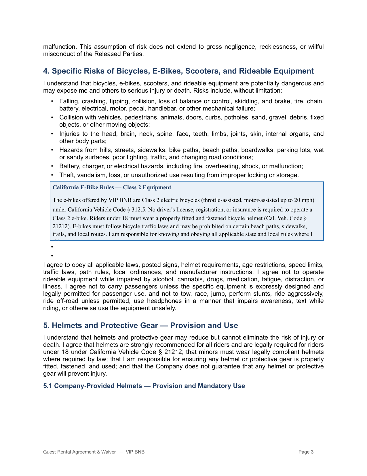 VIP BNB rental agreement and liability waiver page 3