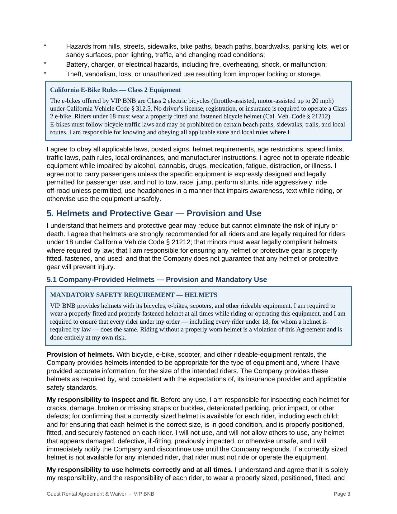 VIP BNB rental agreement and liability waiver page 3