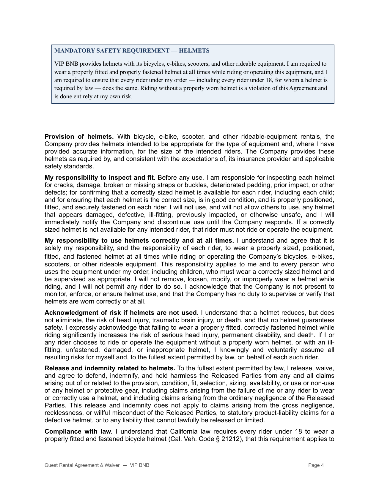 VIP BNB rental agreement and liability waiver page 4