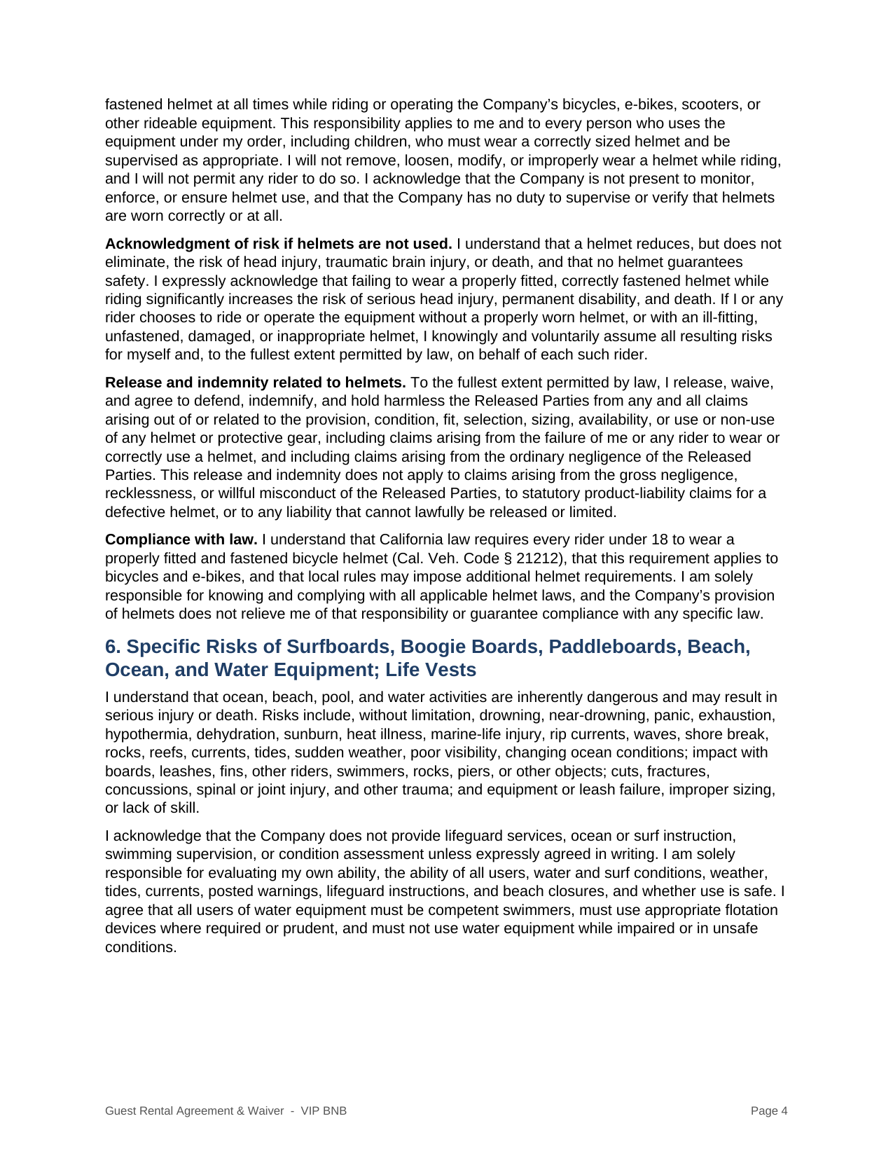 VIP BNB rental agreement and liability waiver page 4