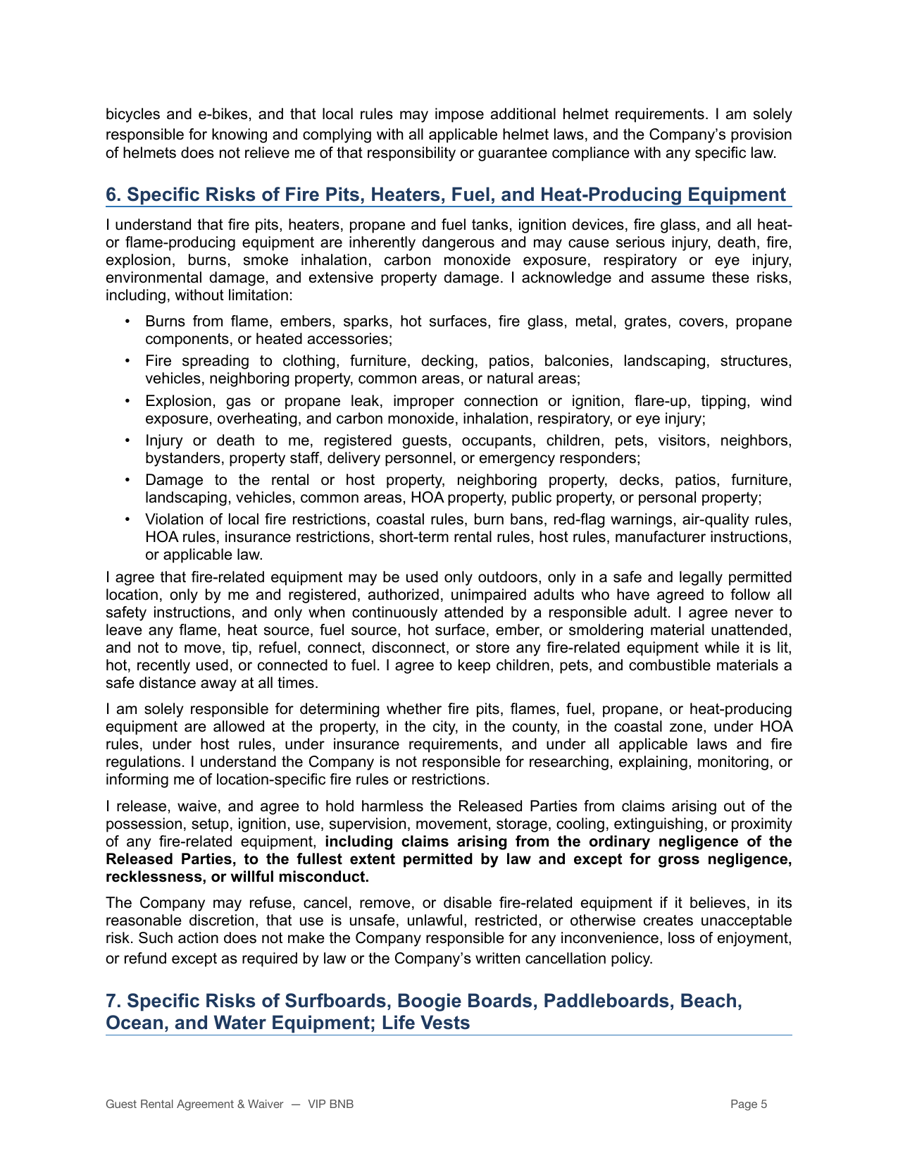 VIP BNB rental agreement and liability waiver page 5