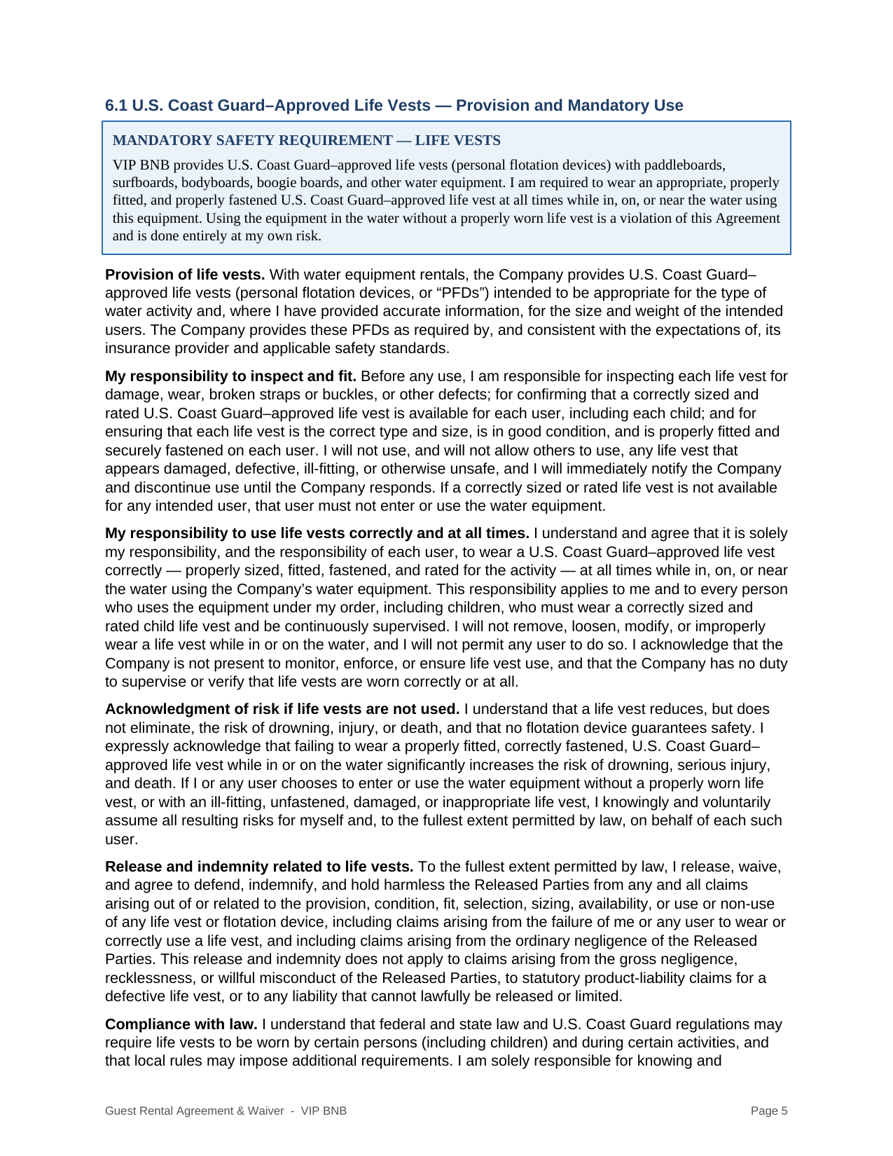 VIP BNB rental agreement and liability waiver page 5