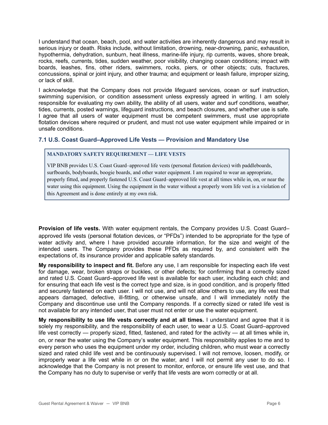 VIP BNB rental agreement and liability waiver page 6