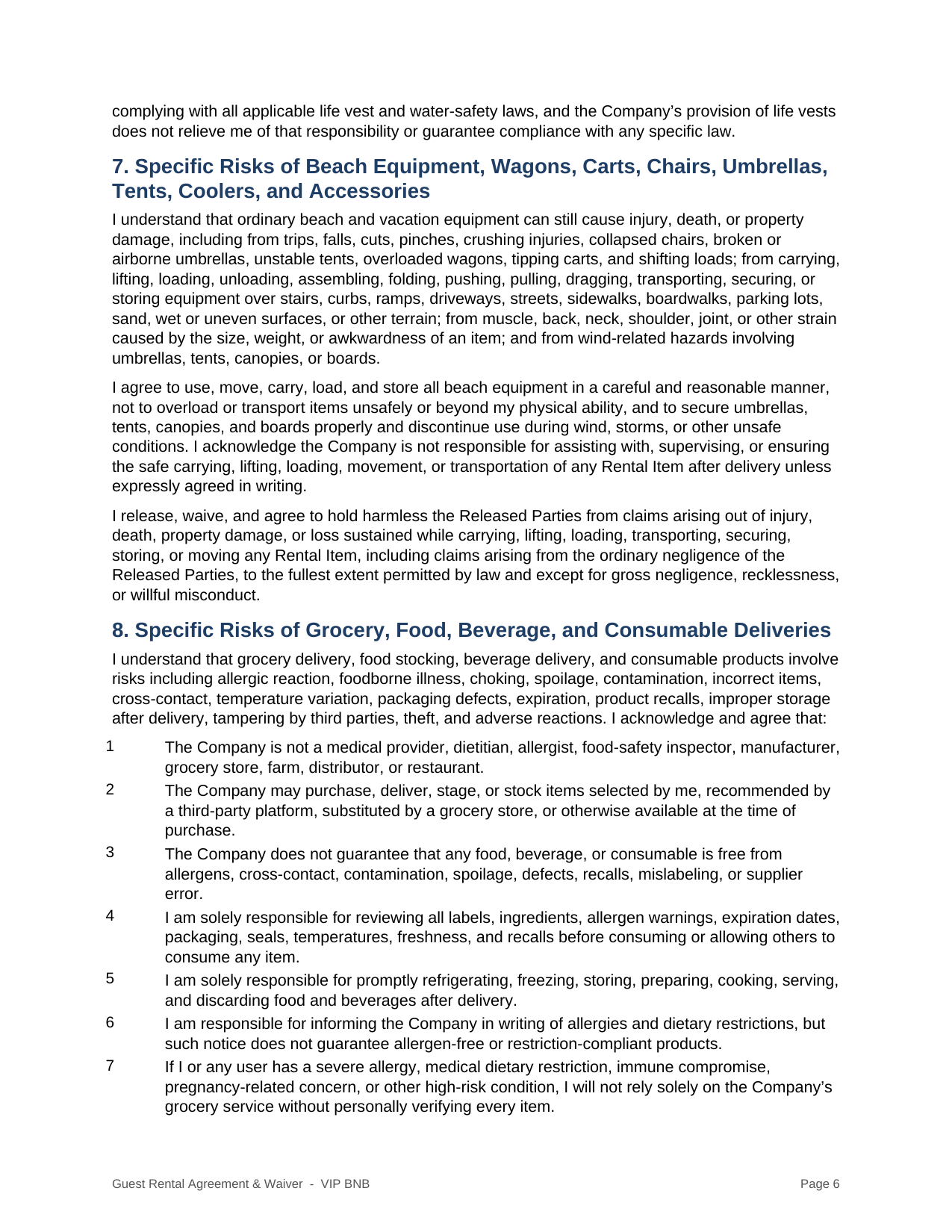 VIP BNB rental agreement and liability waiver page 6