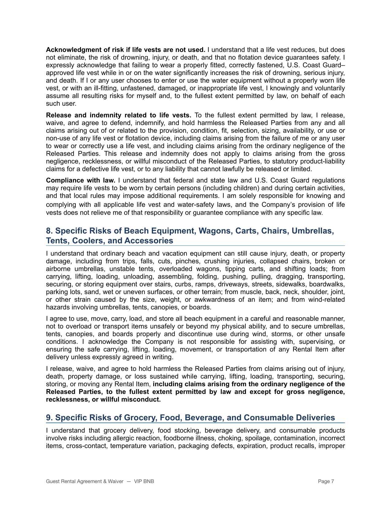 VIP BNB rental agreement and liability waiver page 7