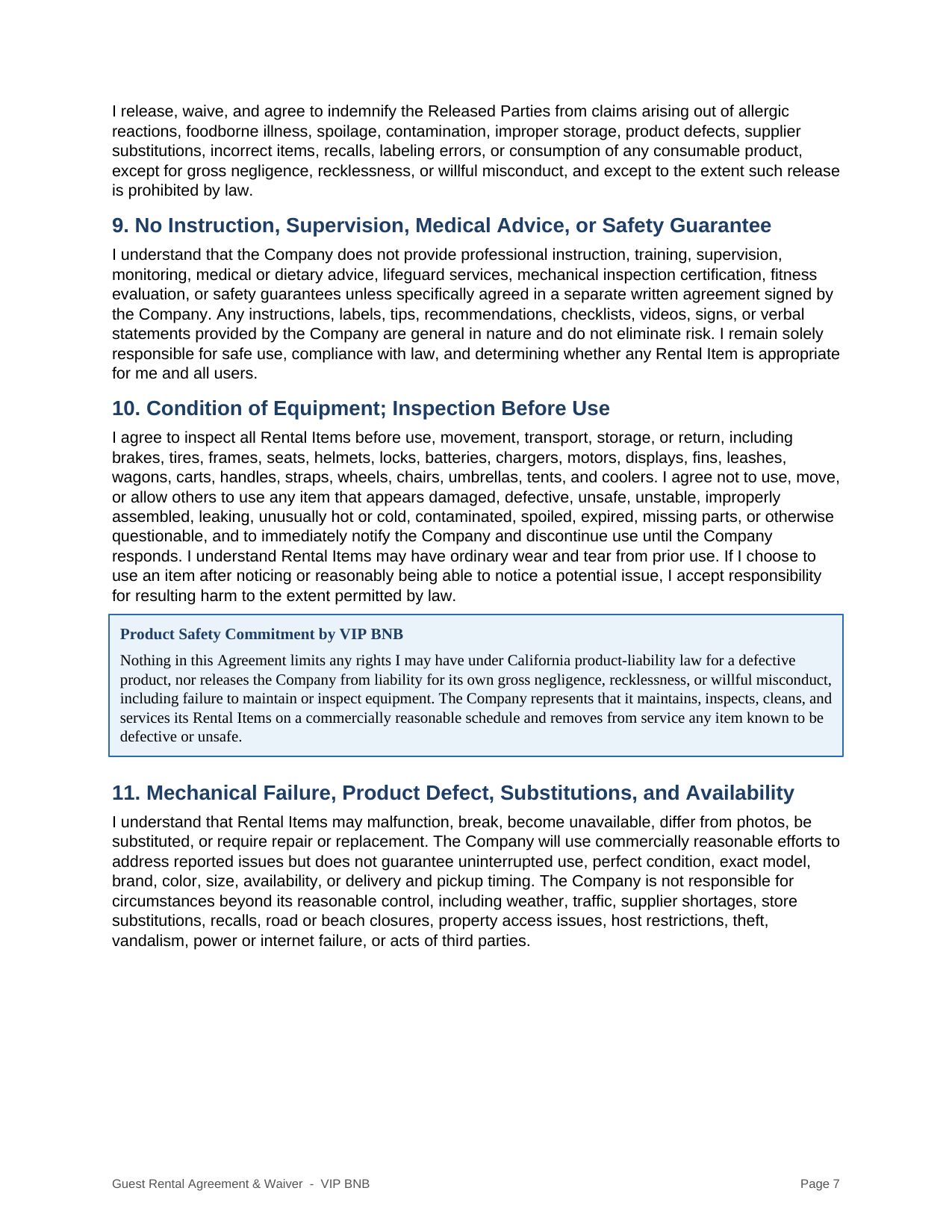 VIP BNB rental agreement and liability waiver page 7