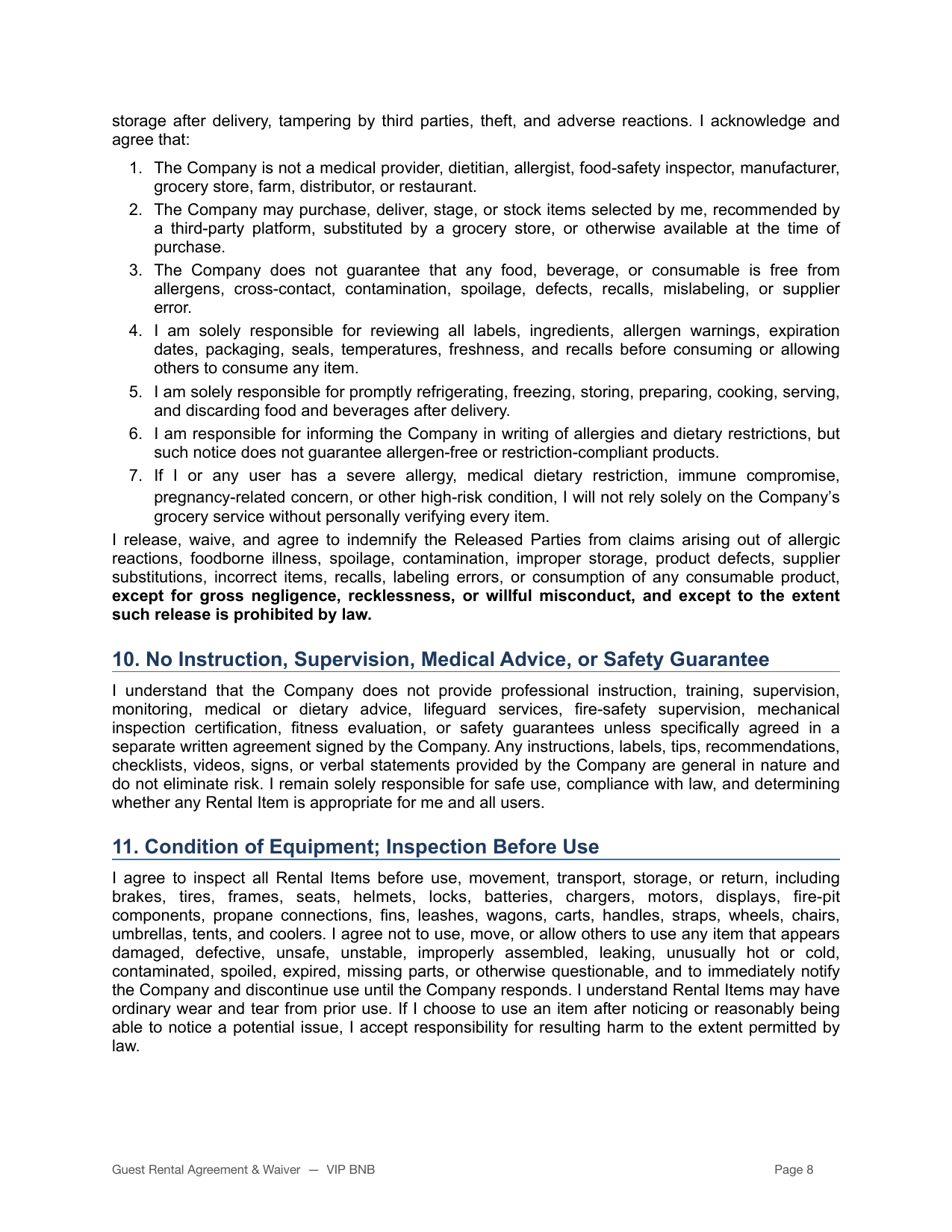 VIP BNB rental agreement and liability waiver page 8
