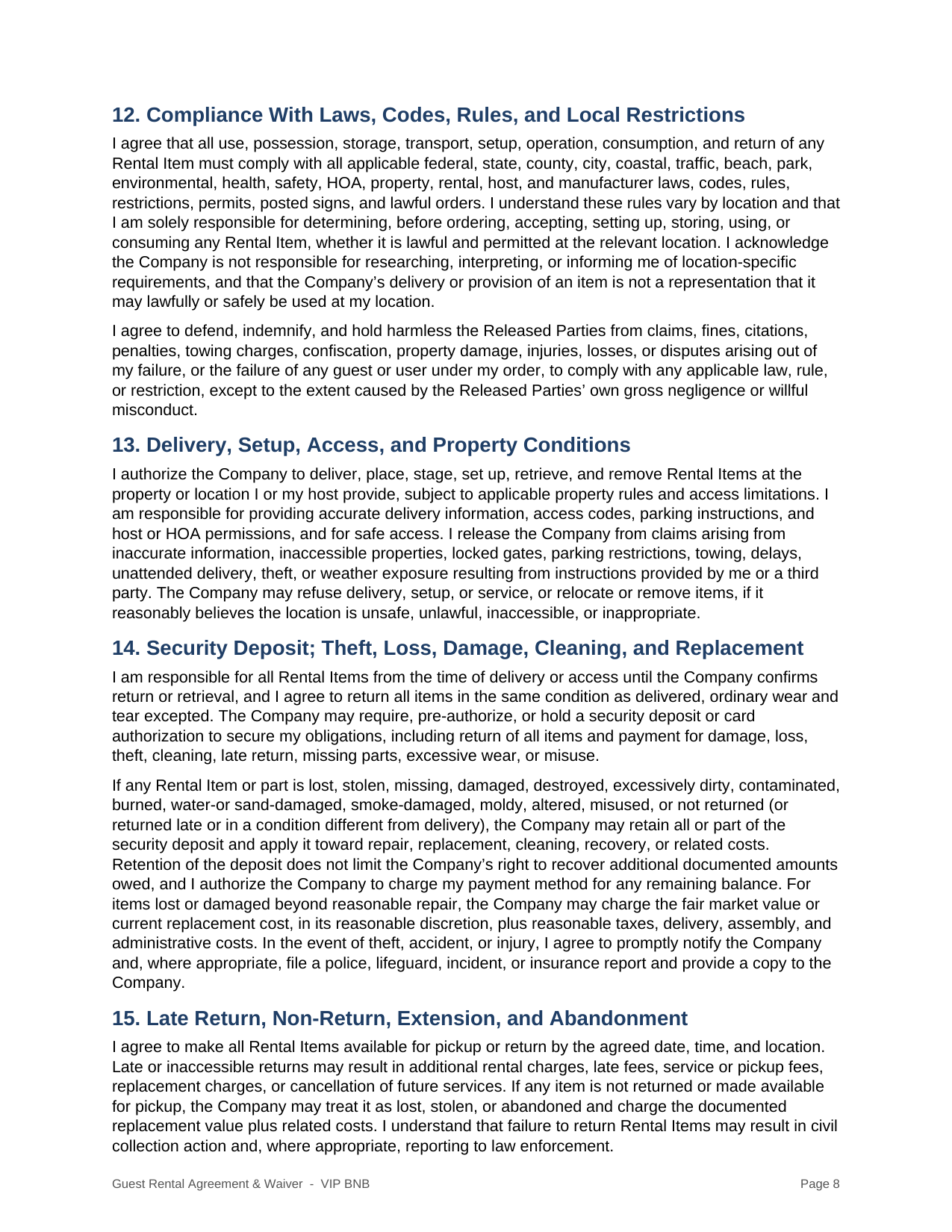 VIP BNB rental agreement and liability waiver page 8