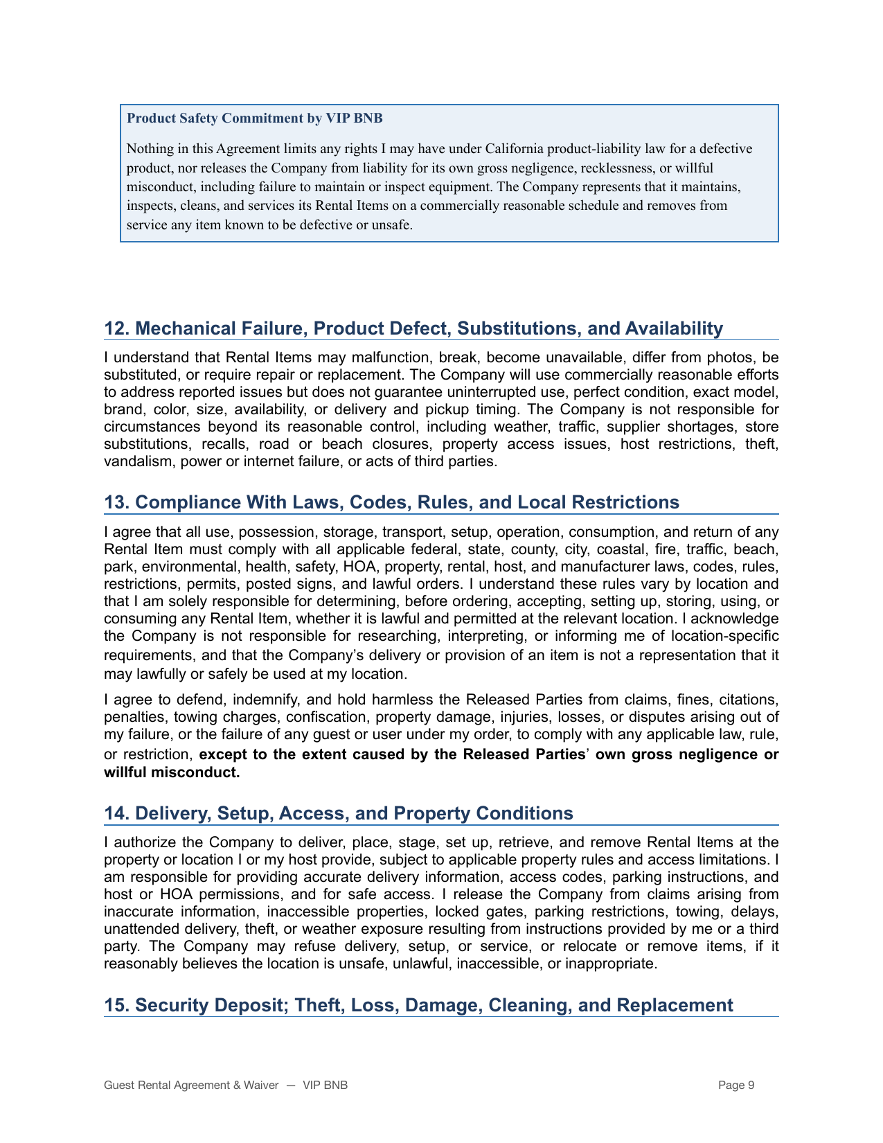 VIP BNB rental agreement and liability waiver page 9
