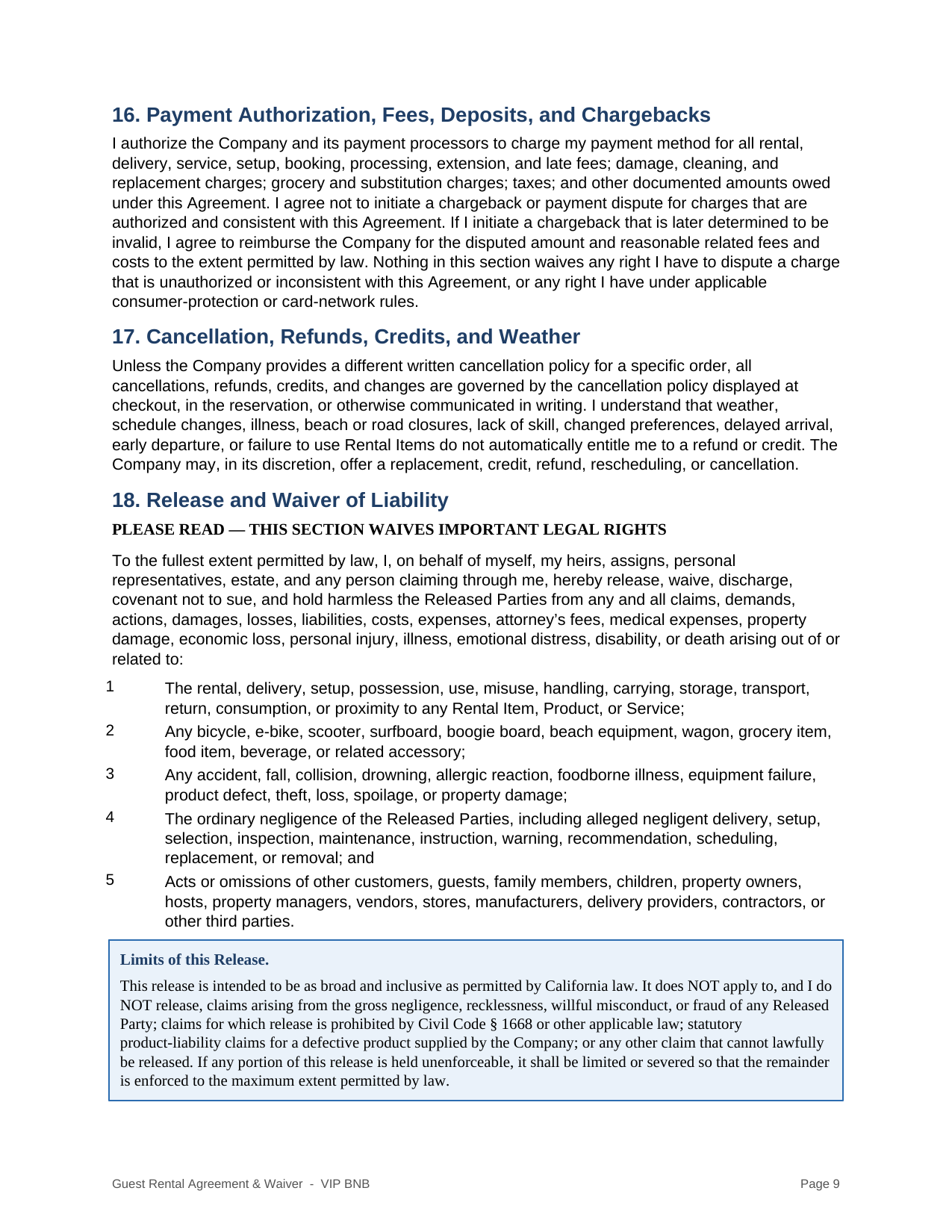 VIP BNB rental agreement and liability waiver page 9