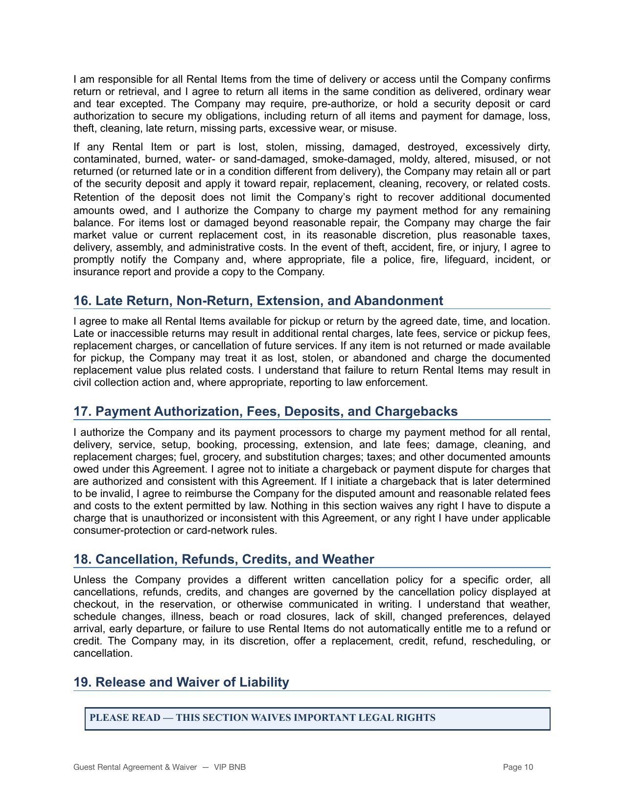 VIP BNB rental agreement and liability waiver page 10