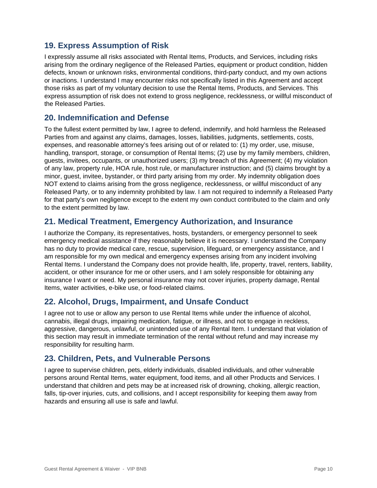 VIP BNB rental agreement and liability waiver page 10