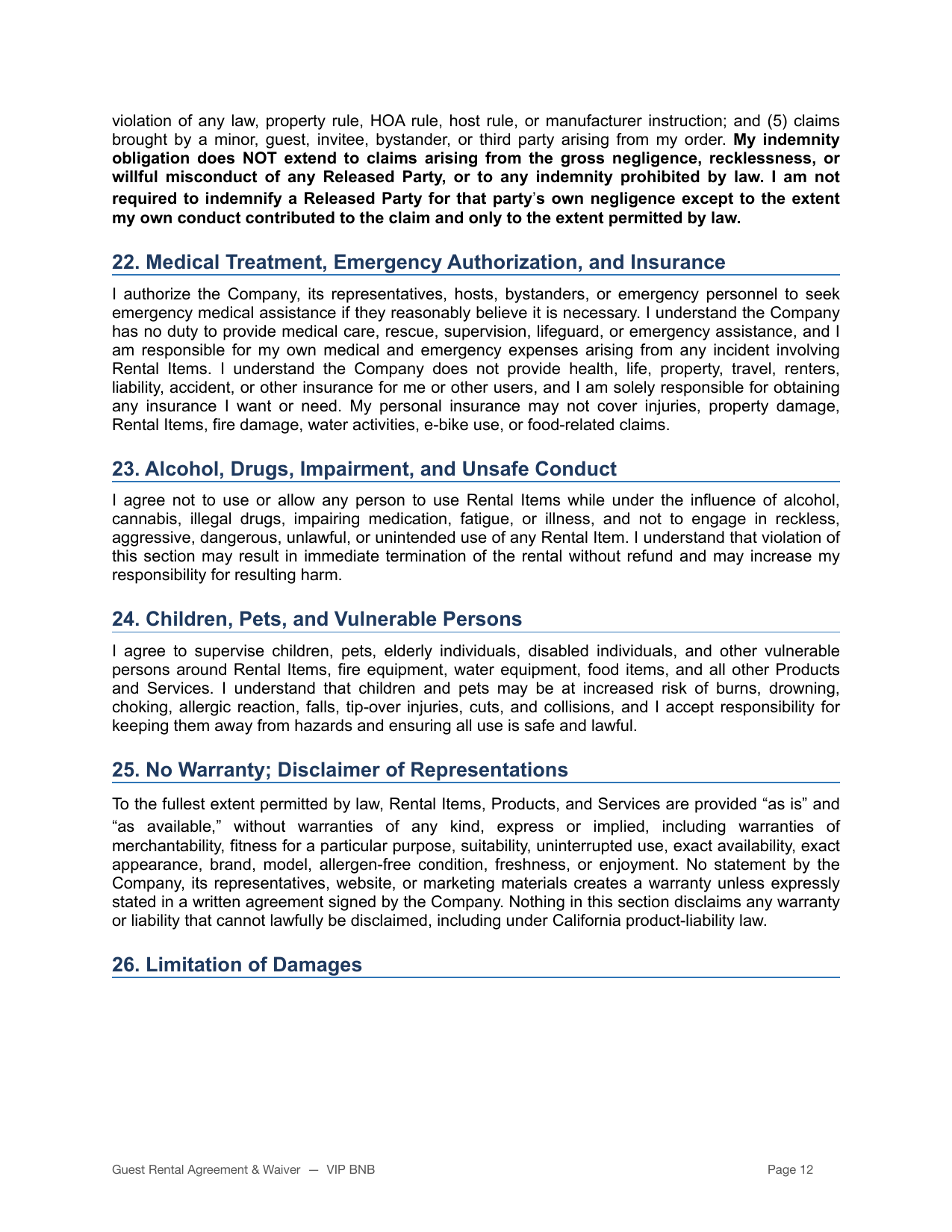 VIP BNB rental agreement and liability waiver page 12