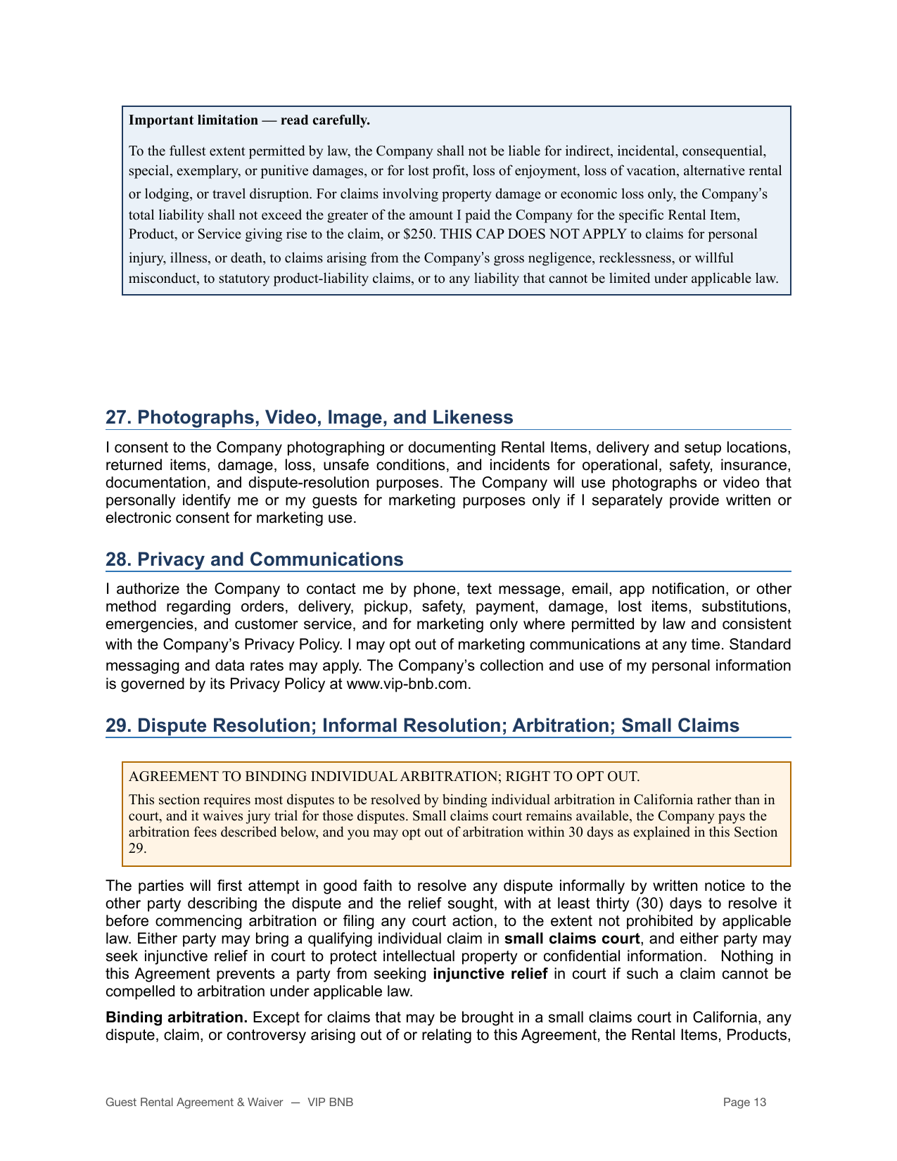 VIP BNB rental agreement and liability waiver page 13