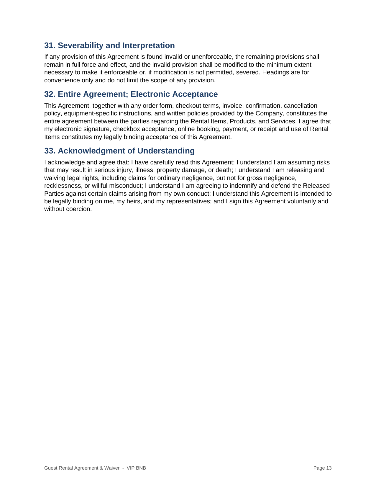 VIP BNB rental agreement and liability waiver page 13
