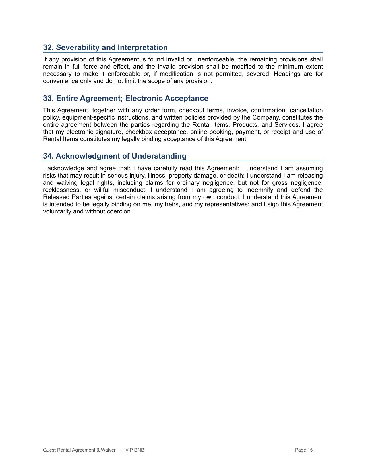 VIP BNB rental agreement and liability waiver page 15